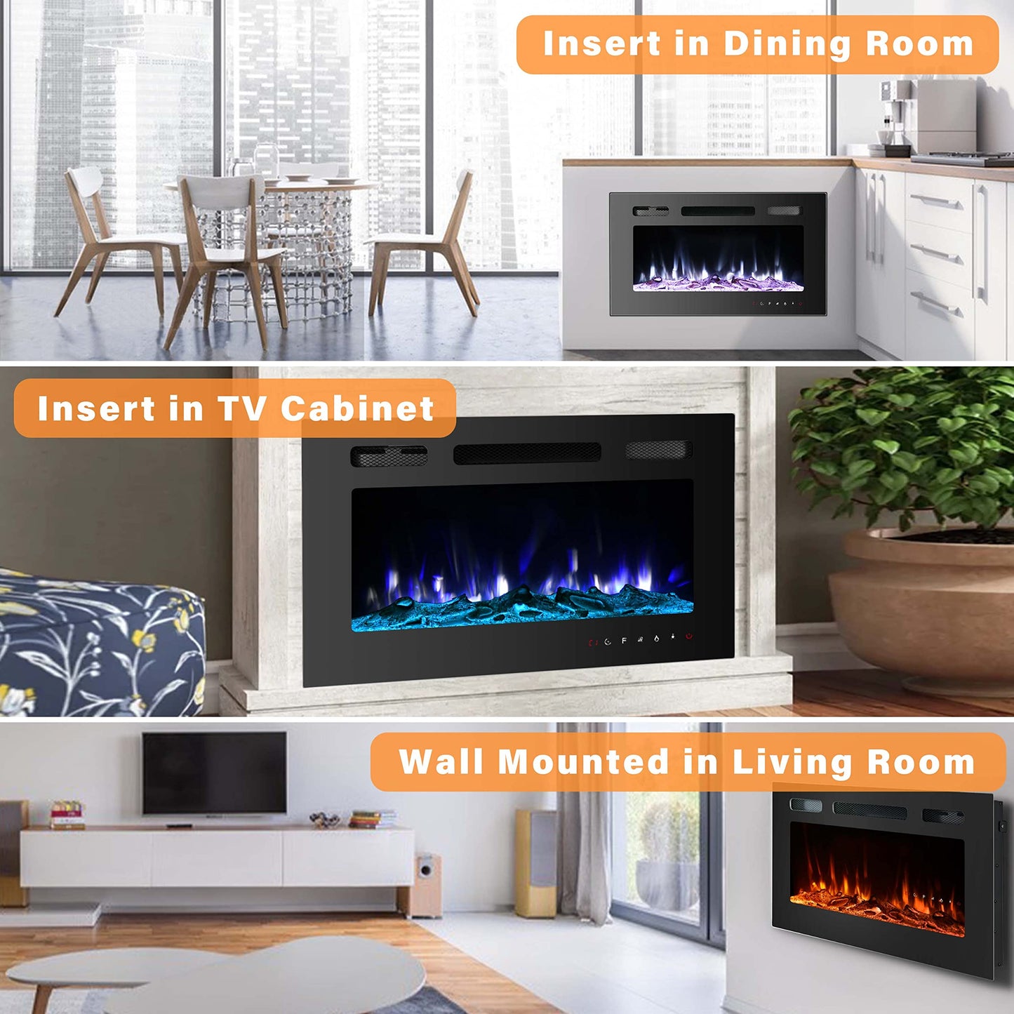 Cozy Daisy Electric Fireplace Heater,Wall Mounted and in-Wall Recessed,with Touch Screen, Realistic 12 Color Flame, Remote Controller/Log & Crystal Hearth Options,750W-1500W,Black (30 inch)