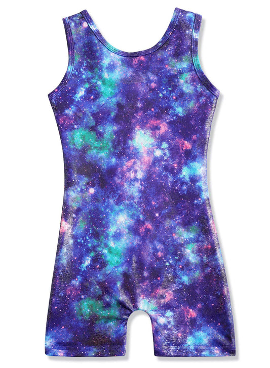 HOZIY Girls Leotards for Gymnastics 5t 5-6 Abstract Galaxy Purple Blue Green Fancy Biketard Leotard With Shorts Sparkly