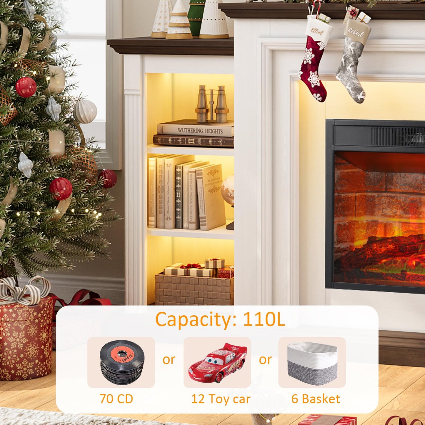 72" LED Electric Fireplace with Mantel, Fireplace TV Stand for 80 Inch TV, Entertainment Center with 23'' Red Brick Fireplace, Delicate Three-Dimensional Molding with Remote Control for Living Room