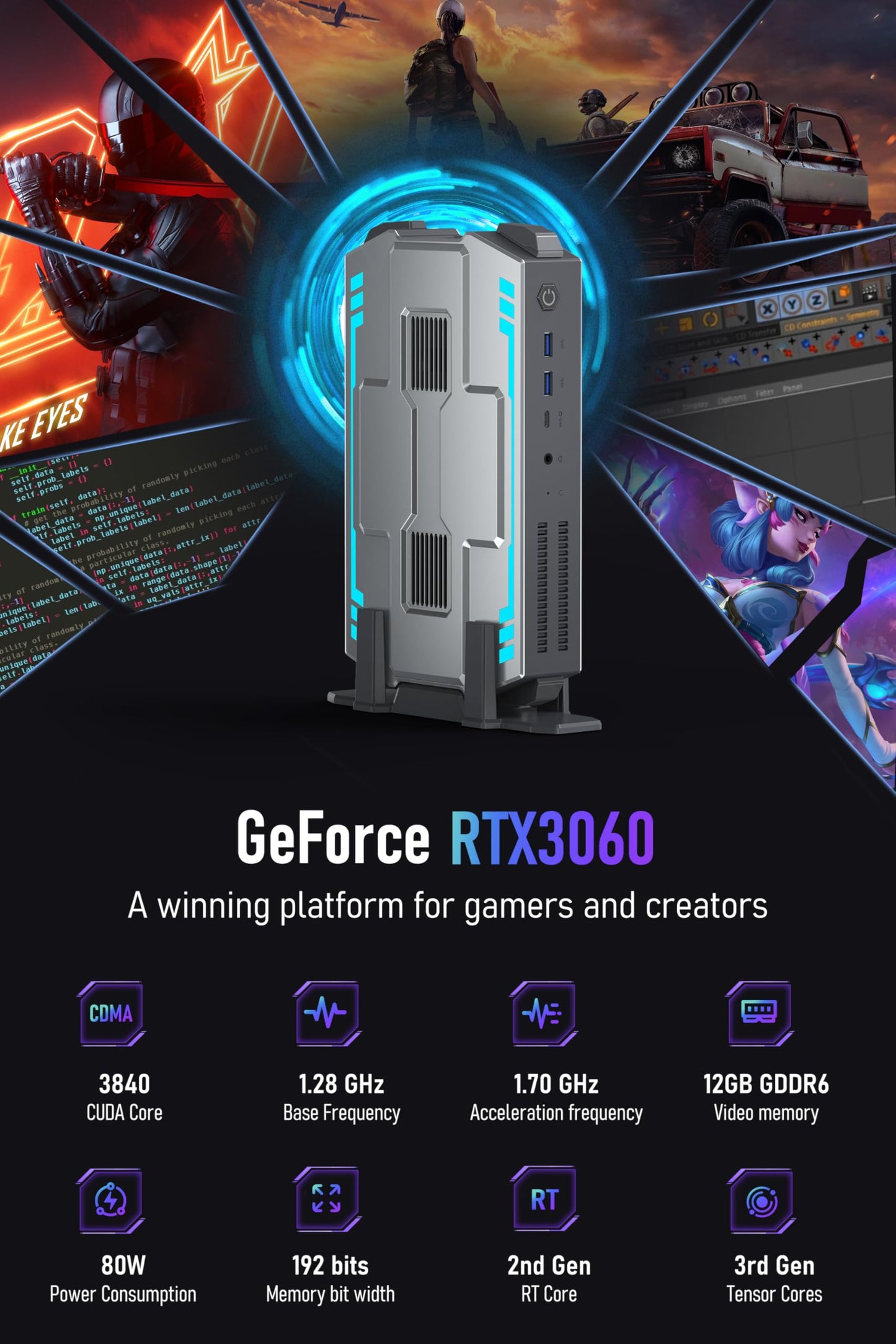 FUNYET Mini PC Gaming PC,Desktop Computer,Intel i9-12900HK Processor 14 Cores 20 Threads (up to 5GHz),RTX 3060 12G Mini Tower Computer,32GB RAM 1TB SSD,Support 4K Display, Dual LAN,WiFi 5,BT 4.2,RGB