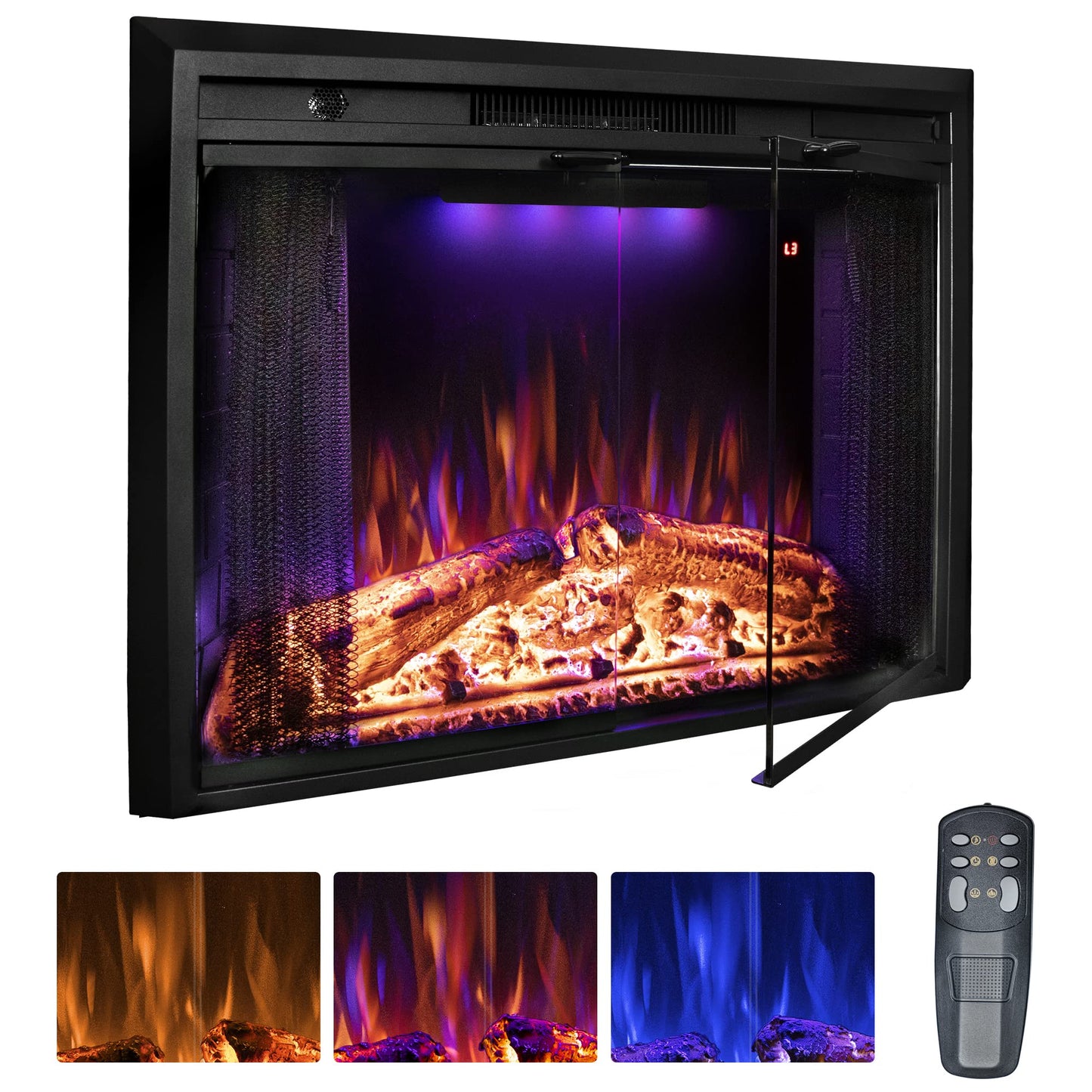 Benrocks 36” Electric Fireplace Inserts with Glass Door and Mesh Screen, Multicolor Flames & Fire Crackling Sounds, Timer, Overheating Protection Fireplace Heater, 750/1500W