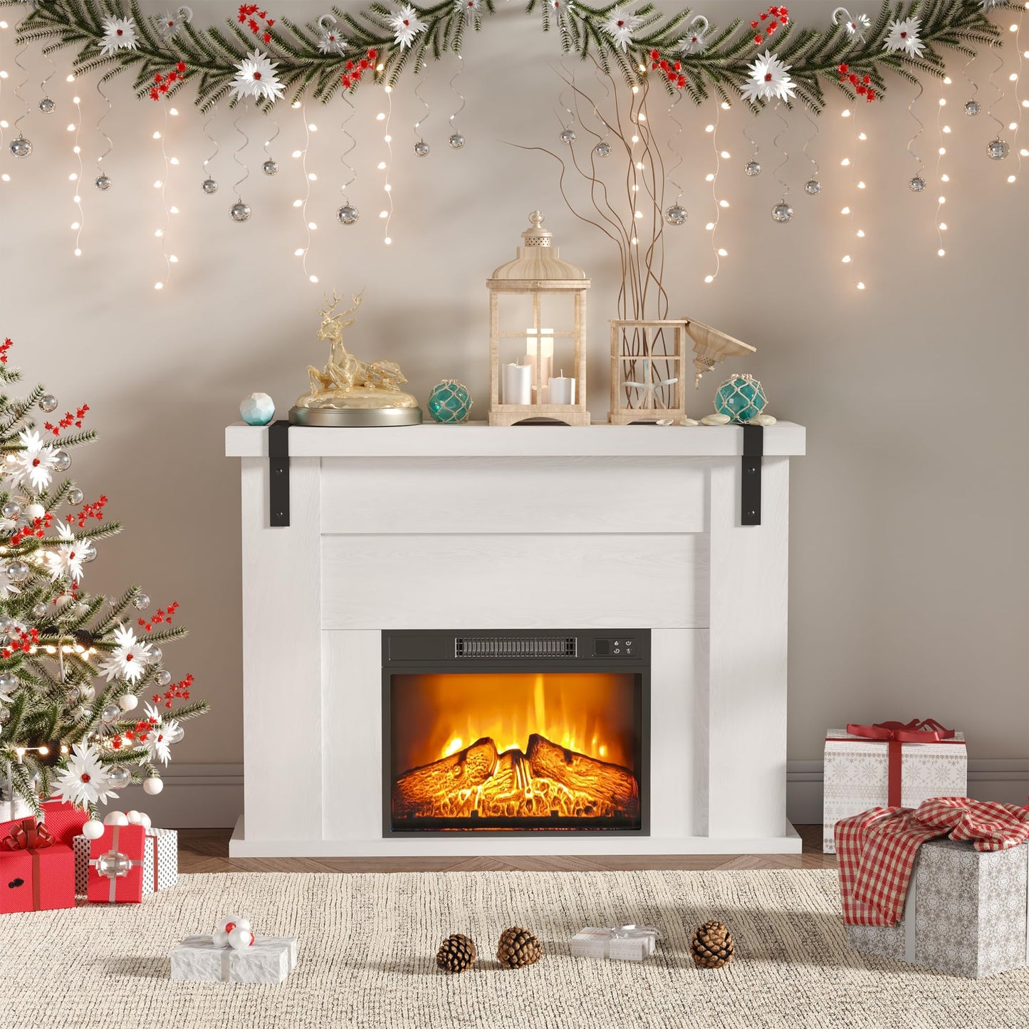 TRONLEE 46" Fireplace Mantel Cabinet, 34.7 inches Tall Includes 23" Freestanding 1400W Electric Fireplace, Remote Control, for Living Room, Study, Bedroom, 46.45W x 34.72 H(White Oak, 23'' Heater)