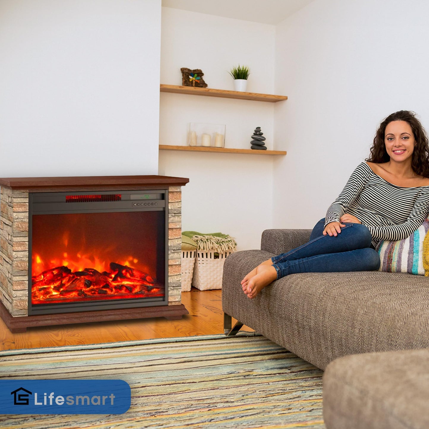 LifeSmart Electric Fireplace Heater w/ 3 Heating Elements, 1500W, Faux Stone & Oak Wood - Mounted Indoor Infrared Heater for Home, Bedroom, and Living Room