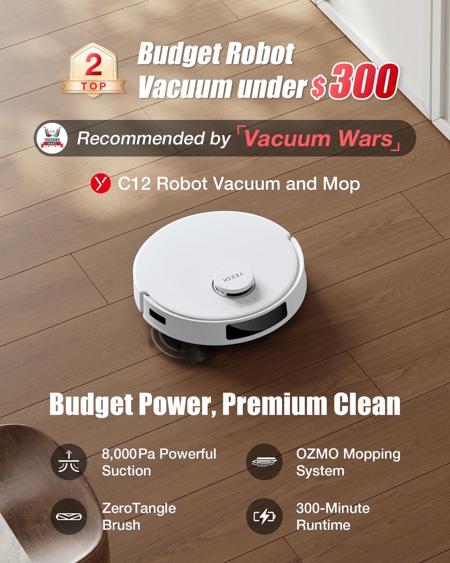 Yeedi C12 Robot Vacuum Cleaner and Mop, 8000Pa Strong Suction, ZeroTangle Brush, Smart Navigation, Self-Charging, White