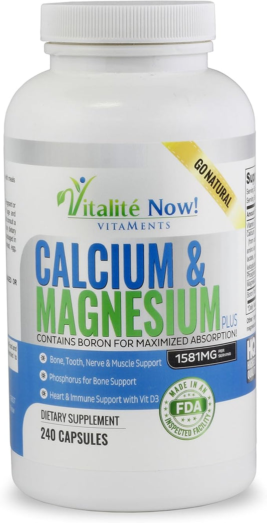 Best Calcium & Magnesium + Vitamin D3 400 IU - Highly Absorbable with Boron - 10 Forms of Calcium + Phosphorus for Bone Strength - All Natural - 240 Capsules - 2 Month Supply!