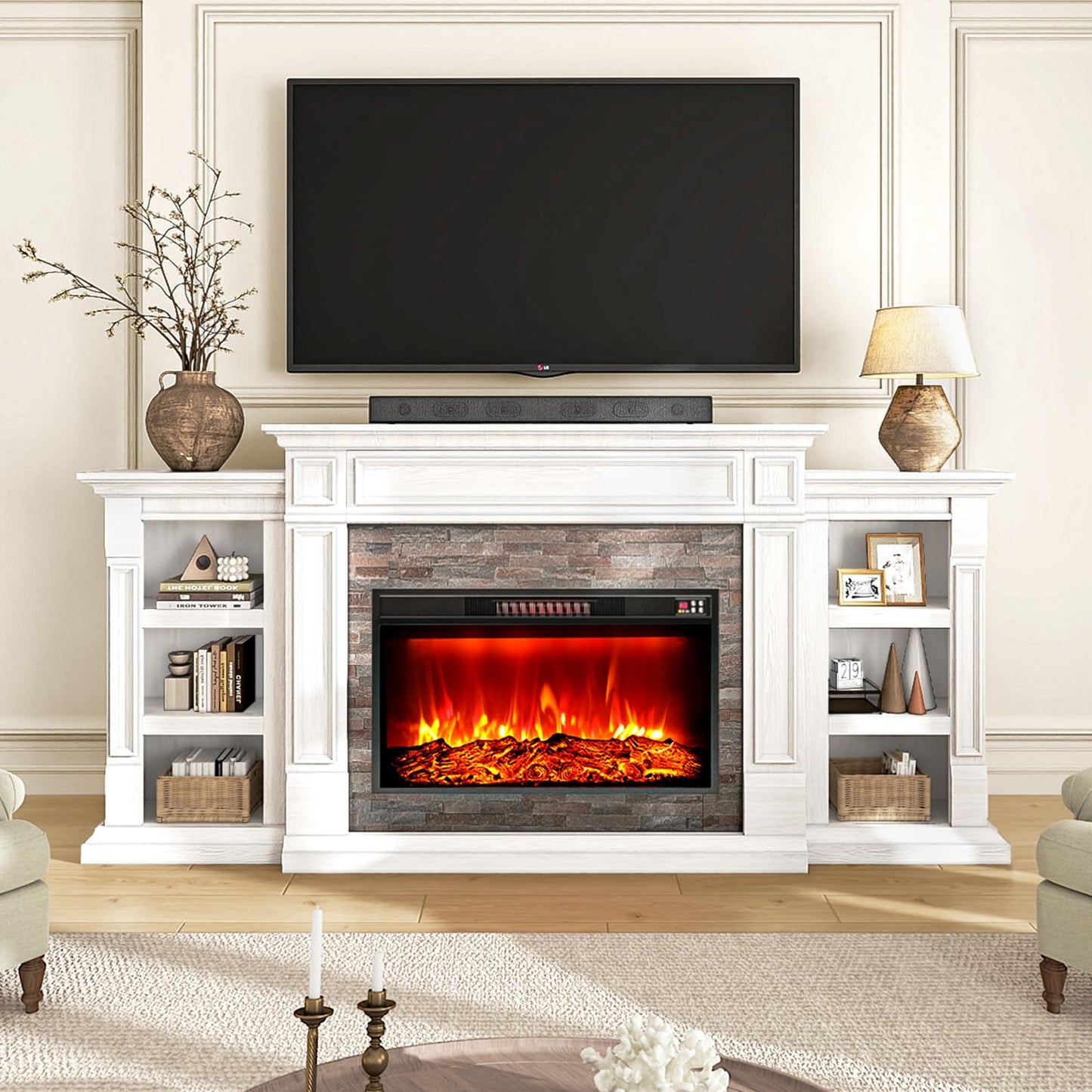 80" Electric Fireplace with Mantel, Fireplace TV Stand for TVs Up to 90 Inch, Modern Entertainment Center with Storage, Realistic Stacked Stone Surround with Remote Control for Living Room, Bedroom
