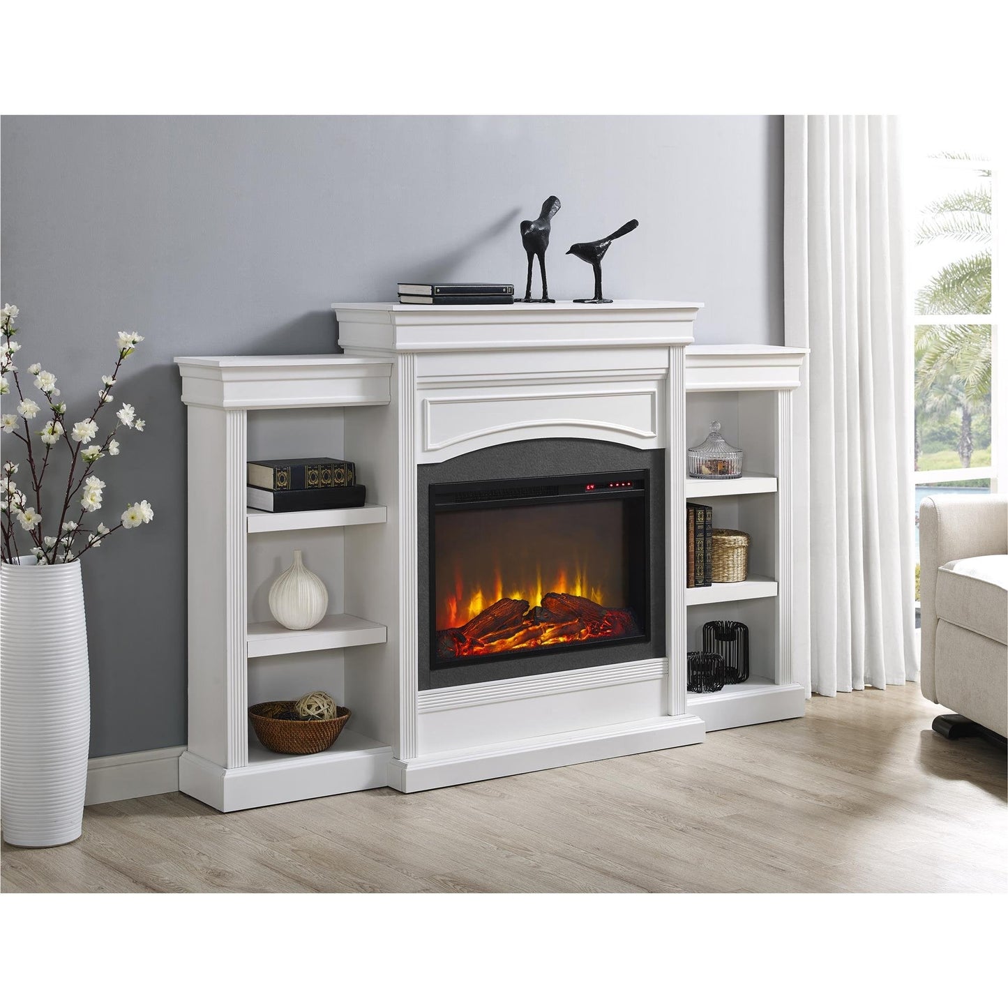 Ameriwood Home Lamont 69 Inch Electric Fireplace with Mantel, Shelves, Replaceable Fireplace Insert Heater, Remote Control, Timer, Realistic Log and Flame Effect, For Living Room or Bedroom, White