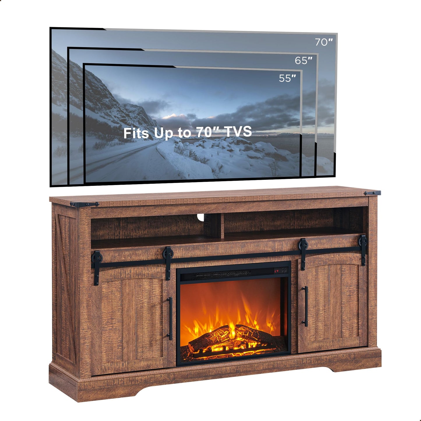 OKD Farmhouse Fireplace TV Stand for 70+ Inch TV, 33" Tall Highboy Entertainment Center with 23" Electric Fireplace, Rustic Media Console w/Sliding Arched Door for Living Room,Reclaimed Barnwood