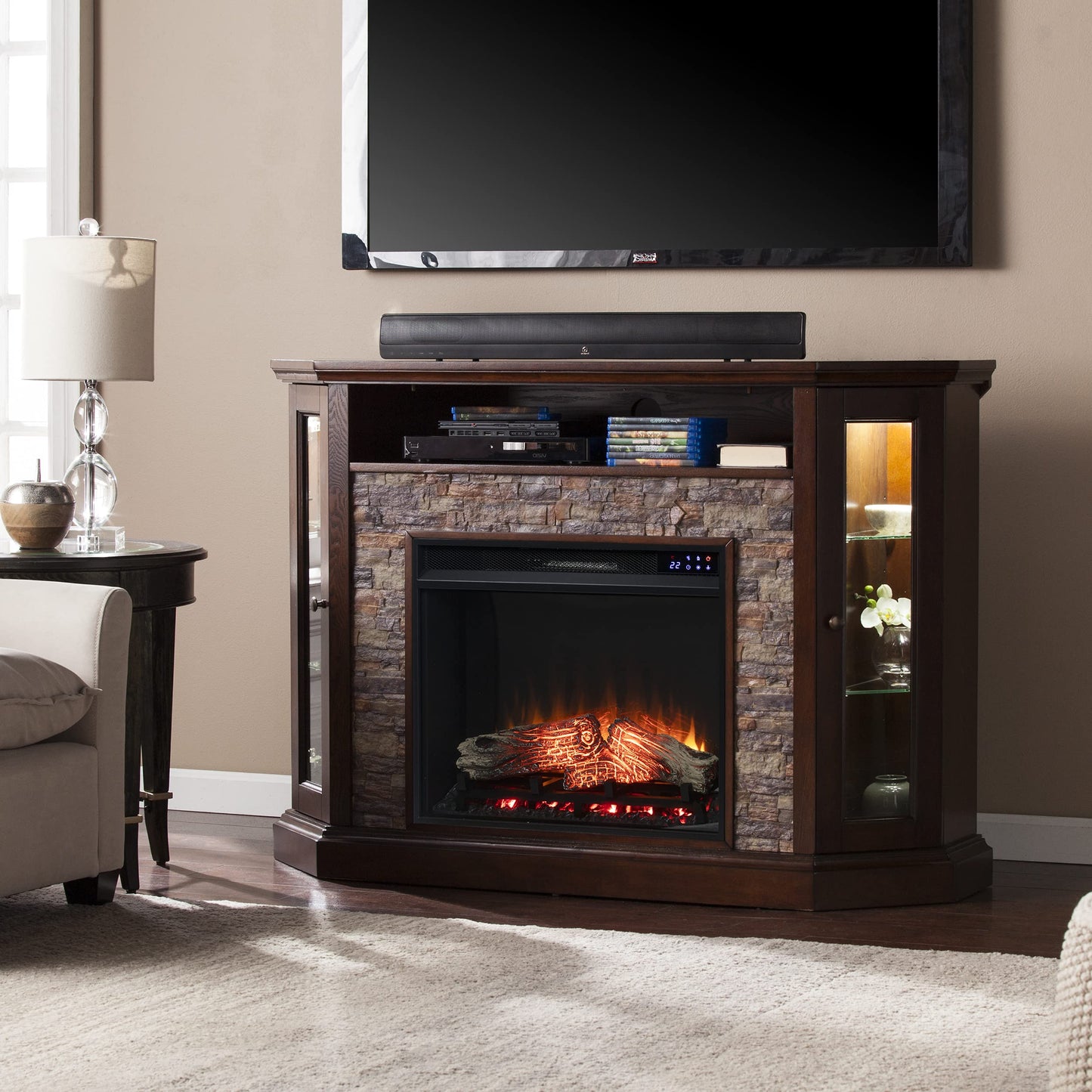 SEI Furniture Redden Faux Stone Corner Convertible Electric Fireplace with Media Storage, New Espresso