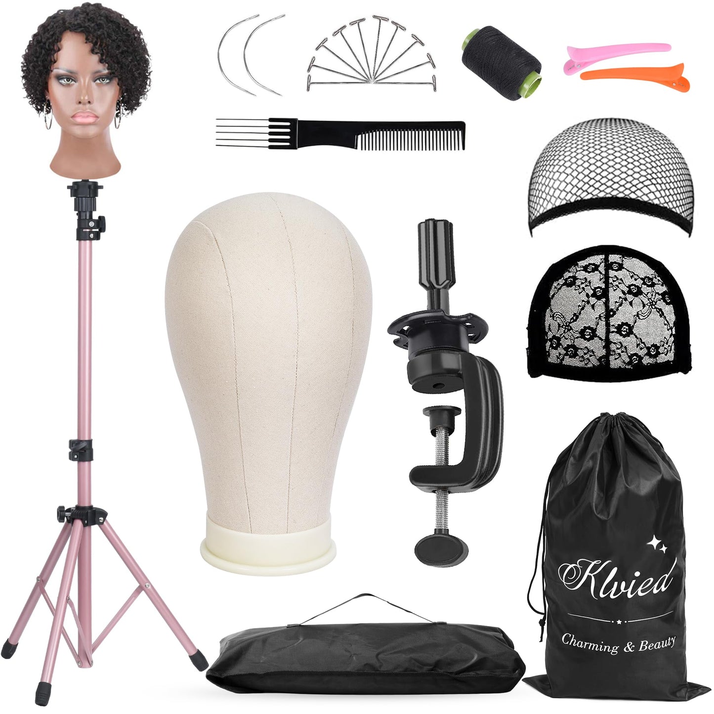 Klvied Reinforced Wig Mannequin Stand with Head Set,Rose Golden