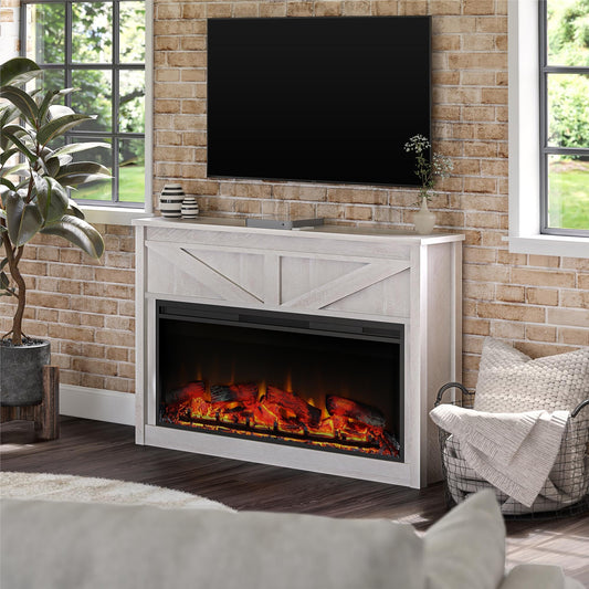 Ameriwood Home Farmington 49 Inch Electric Fireplace with Mantel, Replaceable Fireplace Insert Heater. Remote Control, Timer, Realistic Log and Flame Effect, Ivory Oak