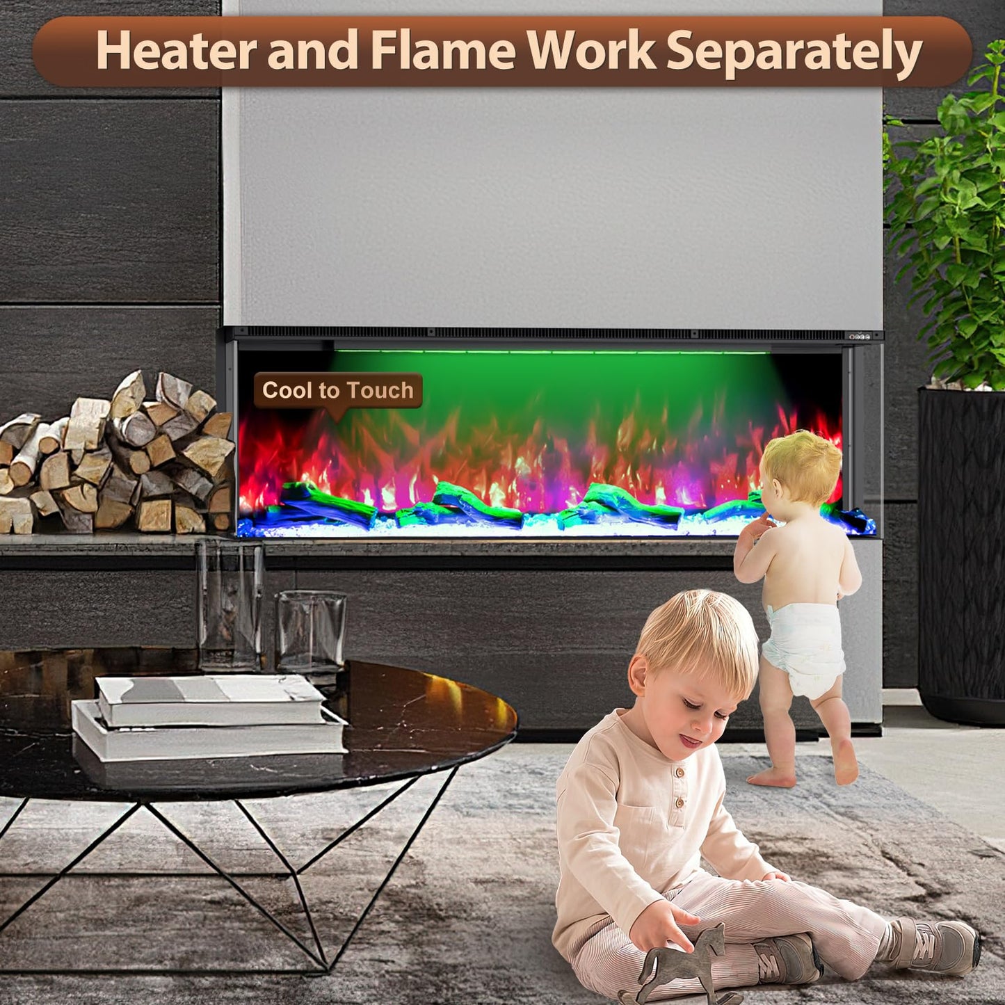 3 Sided Electric Fireplace, 60 inch Smart WiFi Fireplace Inserts, Mounted Eletric Fire Place Heater with 251 RGB LED Flame Colors, Remote Control, Log, Crystals, Black