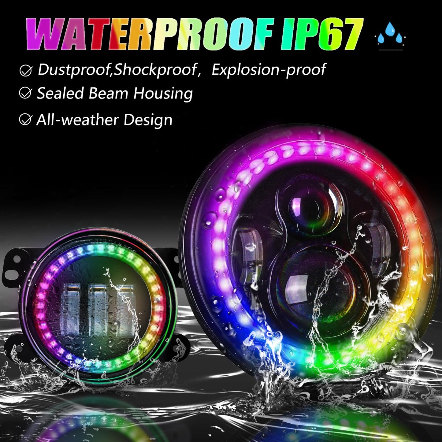 7" RGB Headlights & 4" Fog Lights Combo with Bluetooth Controlled Custom Colors,Music Mode, IP67 Waterproof DOT Kits,for 2007-2018 JK/JKU, 1997-2006 TJ, 2004-2006 LJ, 76-86 CJ