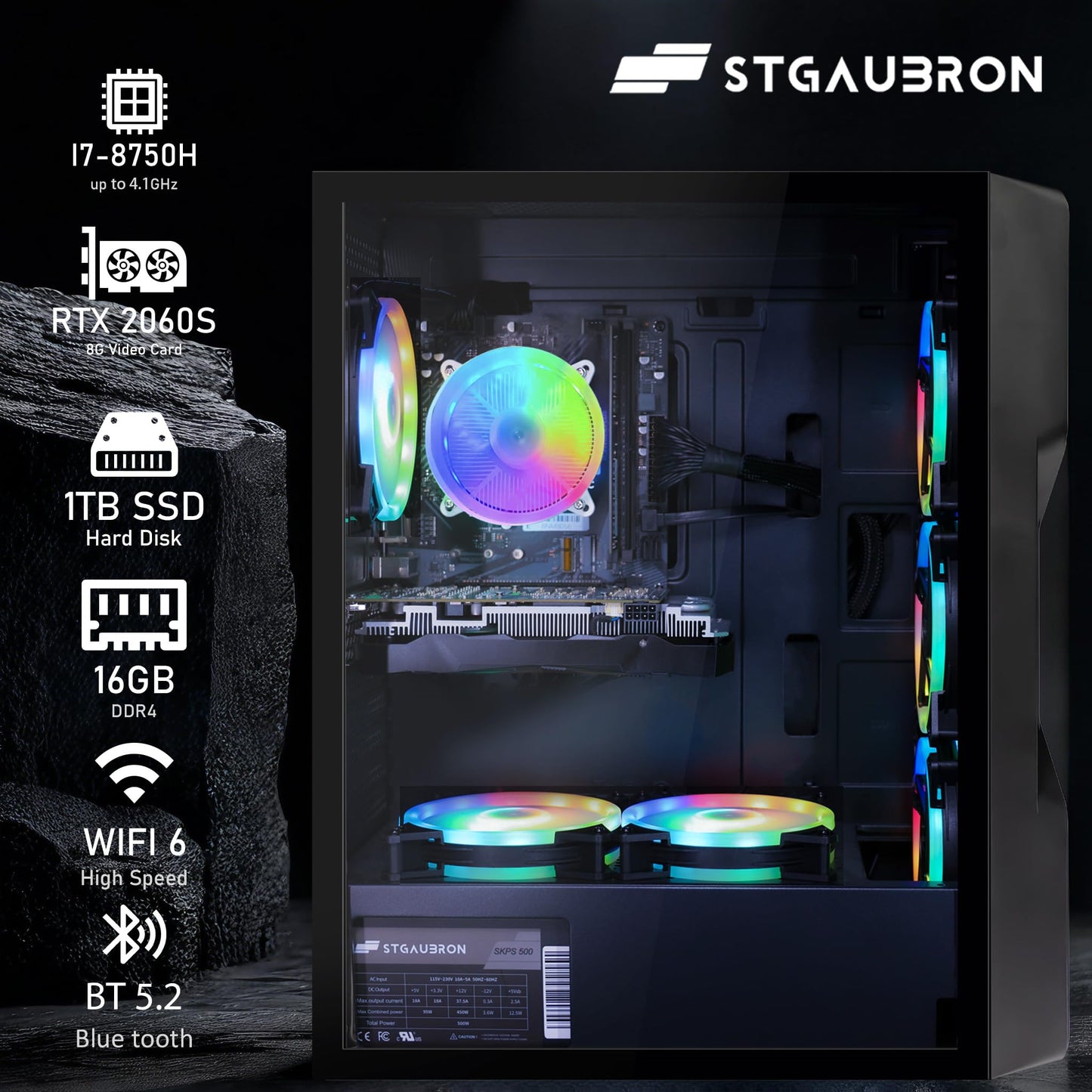 STGAubron Gaming PC Computer Desktop, GeForce RTX 2060 Super 8G, Intel Core I7 8th up to 4.1GHz, 16G DDR4, 1T SSD, WiFi 6 & BT 5.2, RGB Fan x6, Windows 11 Home