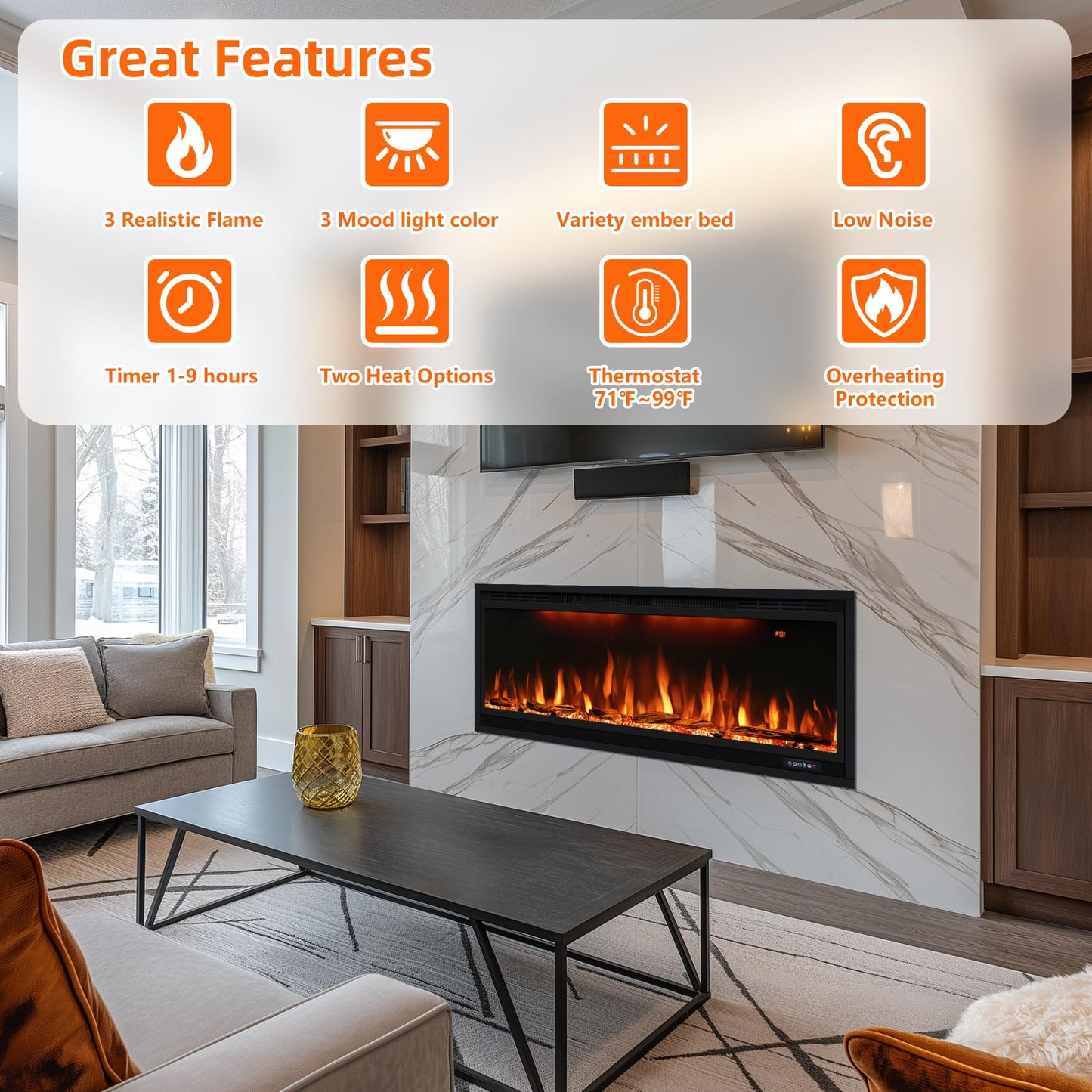 60 inch Smart Linear Electric Fireplace, Recessed and Wall Mounted Fireplace Inserts with Remote Control, Adjustable Flame Color, Lights, Temperature, Overheating Protection& Timer, 750W/1500W, Black