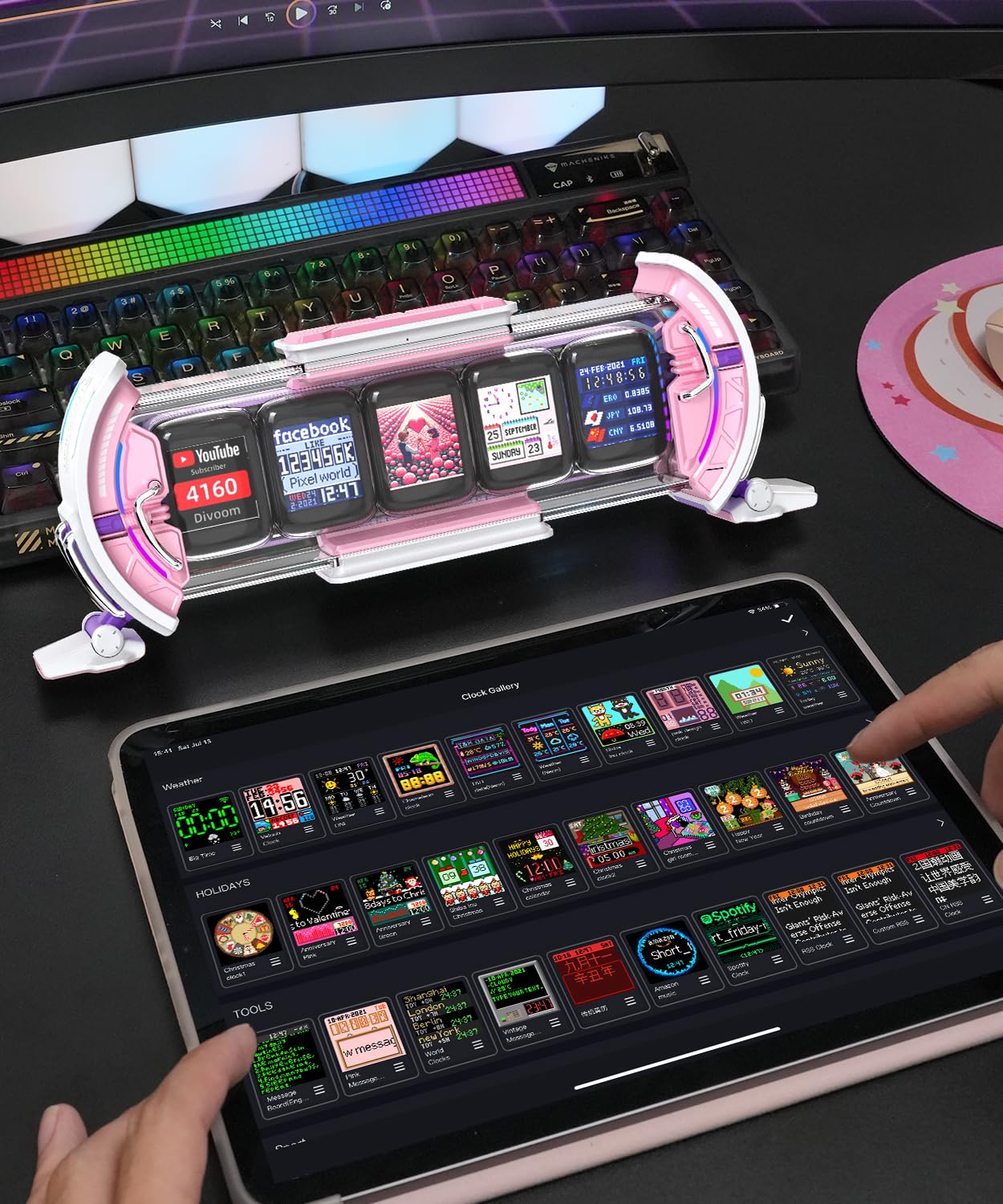 Divoom Times Gate Cyberpunk Digital Clock - Smart App Control, WiFi Connectivity, RGB LED Display, Customizable Dashboard & Pixel Art for Gaming Room and Office Decor (Pink)