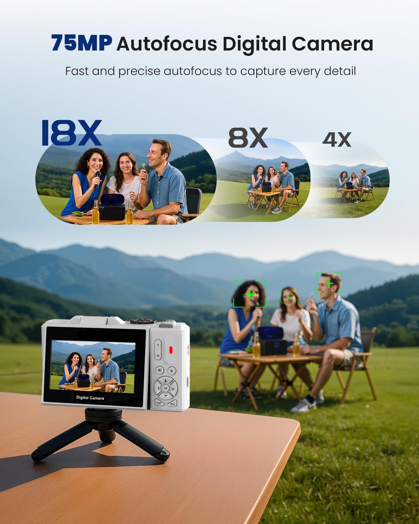 5K Digital Camera for Photography - 75MP Autofocus Vlogging Camera for YouTube with 64GB SD Card, WiFi, 18X Zoom 3" 180° Flip Screen Compact Travel Camera with 2 Batteries for Teens and Beginner