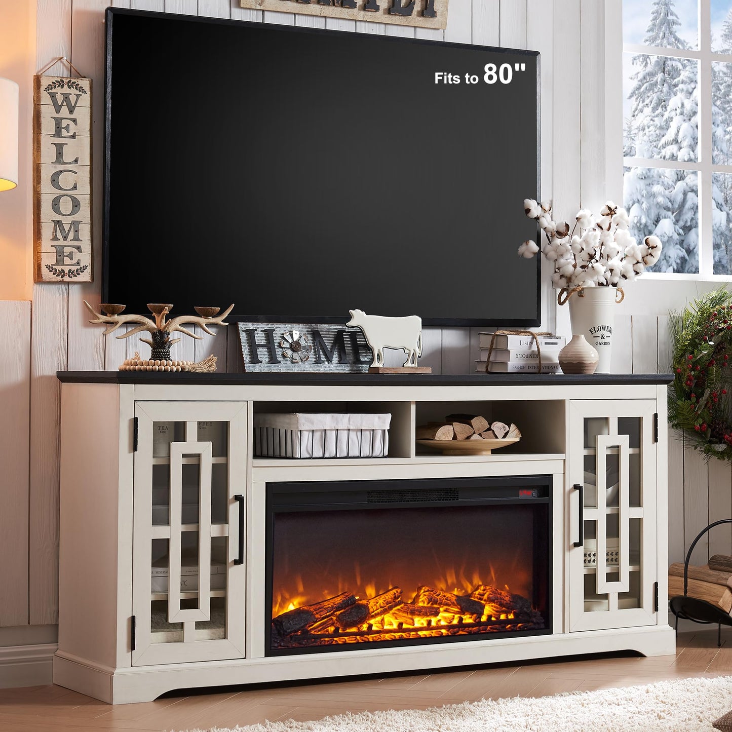 JXQTLINGMU Farmhouse Fireplace TV Stand with 36" Electric Fireplace for 80 Inch TV, 32" Tall Entertainment Center, Modern Media Console, 6 Shelves Storage Cabinet for Living Room, Distressed White