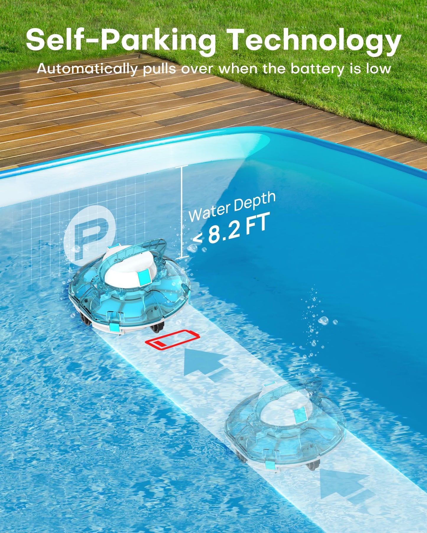 (2025 Upgrade) Cordless Robotic Pool Cleaner, Lasts 75 Min, Automatic Vacuum for Above-Ground Pools up to 645 Sq.ft,Portable, Self-Parking,Transparent Blue