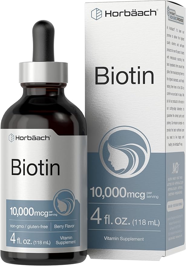 Horbäach Biotin Liquid Drops 10000mcg | 4 fl oz | Berry Flavor | Vegetarian, Non-GMO & Gluten Free Supplement