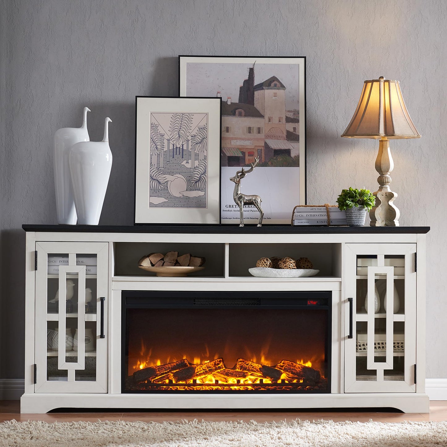 JXQTLINGMU Farmhouse Fireplace TV Stand with 36" Electric Fireplace for 80 Inch TV, 32" Tall Entertainment Center, Modern Media Console, 6 Shelves Storage Cabinet for Living Room, Distressed White