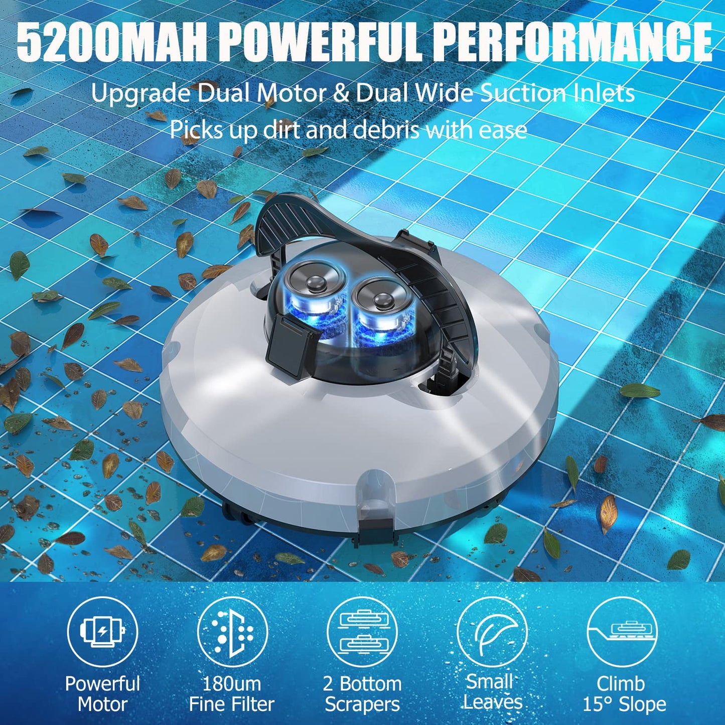 Cordless Pool Vacuum for Above Ground Pool, Robotic Pool Cleaner Automatic Vacuum Self-Parking Pool Robot for In-Ground Flat Pools Up to 1000 Sq.Ft (Lasts 120 Mins)