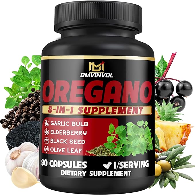 BMVINVOL Oregano Supplement | Black Seed, Garlic, Elderberry, Olive Leaf, Quercetin, Bromelain, Black Pepper - 8in1 Immune & Digestive Support 90 Capsules [3-Month Supply]