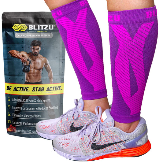 BLITZU Calf Compression Sleeves for Men and Women. Footless Compression Socks Support for Varicose Vein, Nursing, Running. Leg Sleeve Brace for Shin Splints, Pain Relief & Reduces Swelling Purple S-M