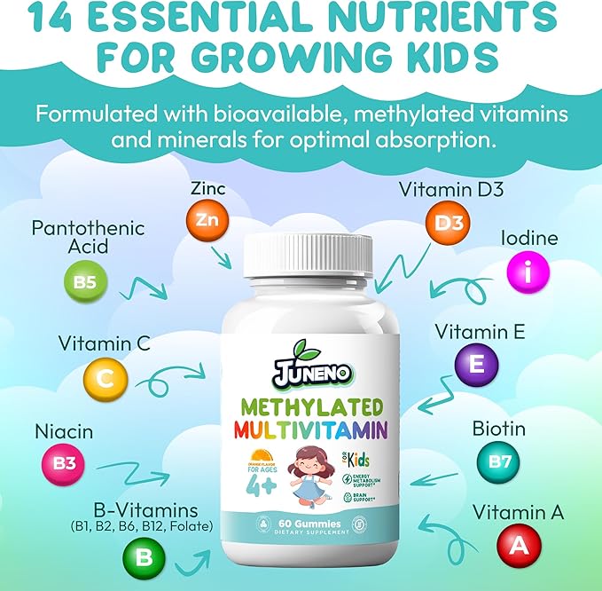 Methylated Multivitamin Gummies for Kids - MTHFR Support Supplement with B Complex 5-MTHF Folate (L-Methylfolate) B1 B3 B6 Methylcobalamin B12 Biotin & Vitamins A C D3 E - Vegan Gluten-Free No Sugar