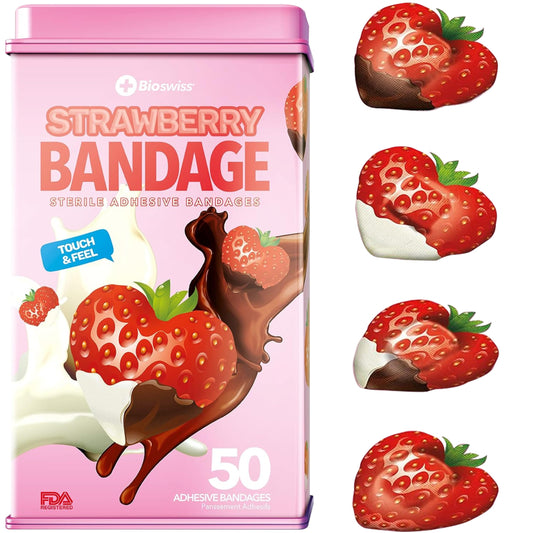 Bioswiss Bandages, Strawberry Shaped Latex Free Bandage for Kids and Adults, First Aid Tin, 50pcs