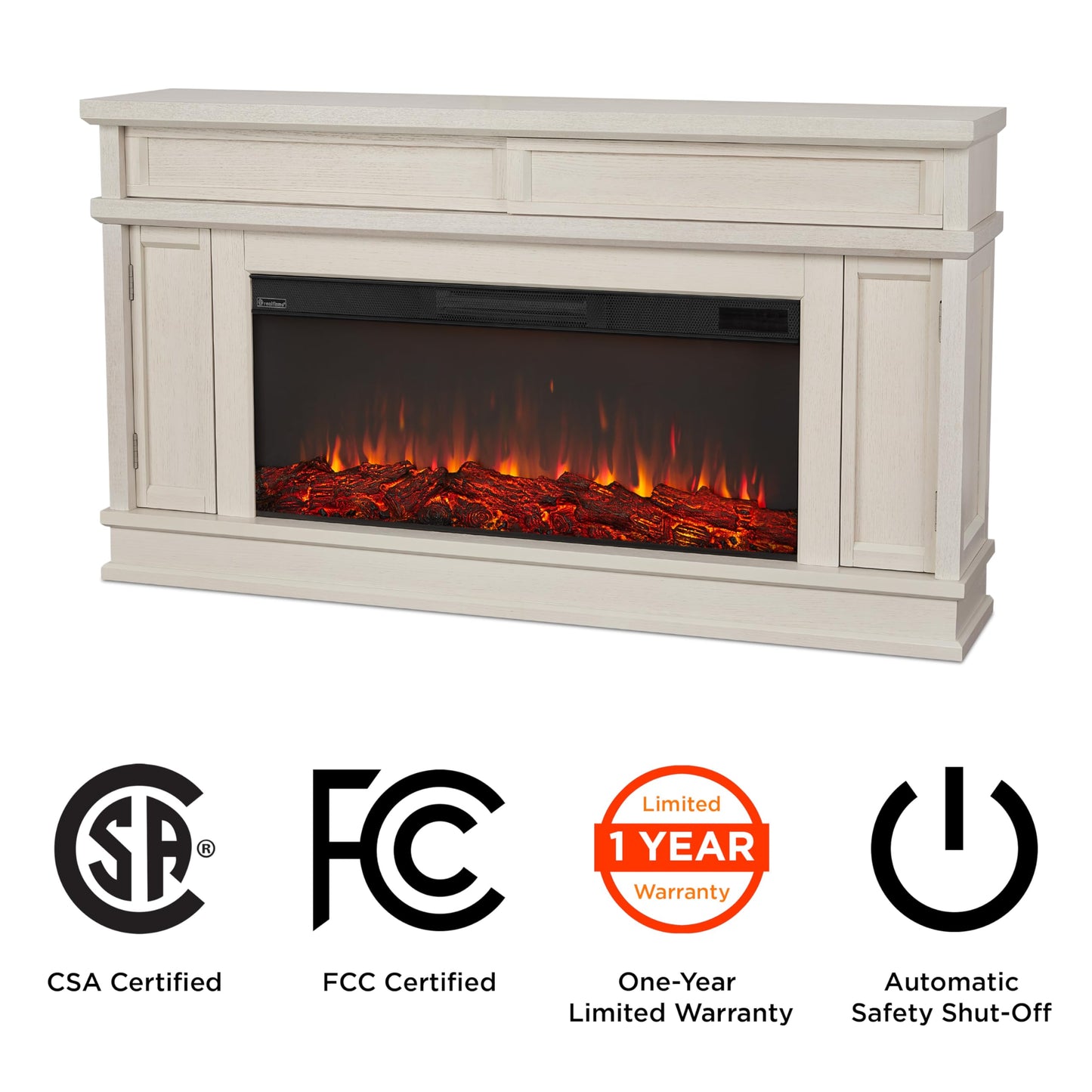 Real Flame Torrey 60” Electric Fireplace TV Stand for TVs up to 60 inches, Entertainment Center with Adjustable Shelves and Hidden Storage, TV Stand for Living Room and Bedroom, Bone White