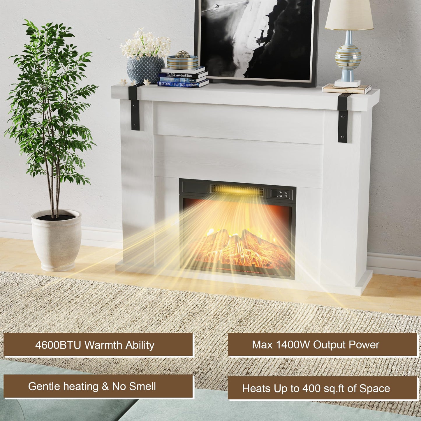 TRONLEE 46" Fireplace Mantel Cabinet, 34.7 inches Tall Includes 23" Freestanding 1400W Electric Fireplace, Remote Control, for Living Room, Study, Bedroom, 46.45W x 34.72 H(White Oak, 23'' Heater)