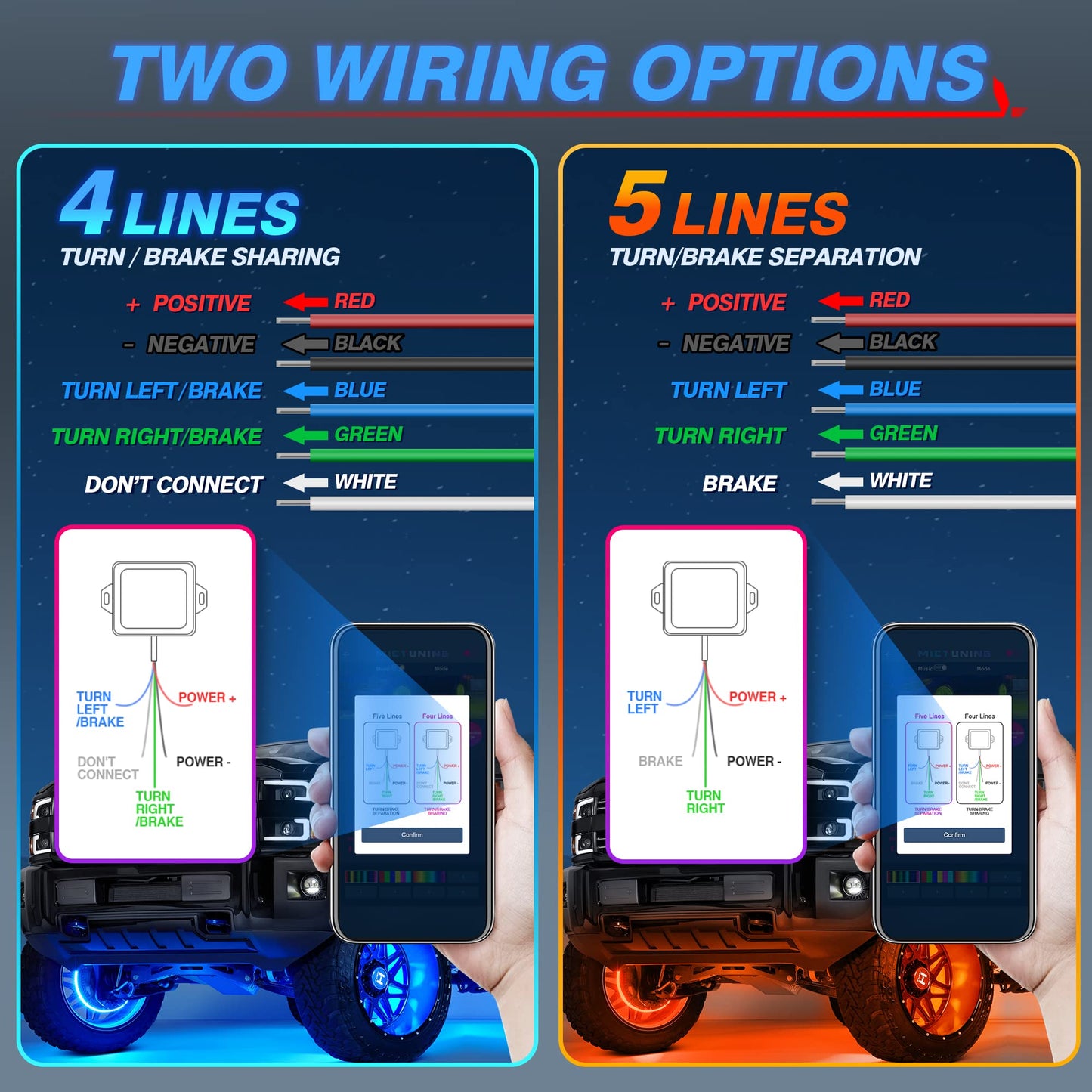 MICTUNING 17.5" V1 RGBW LED Wheel Lights Kit with APP Control & Music Sync Turn Signal, Brake Function, Pure Colors Neon Wheel Rim Lights for Trucks, SUVs, Cars (4PCS, Single Row)