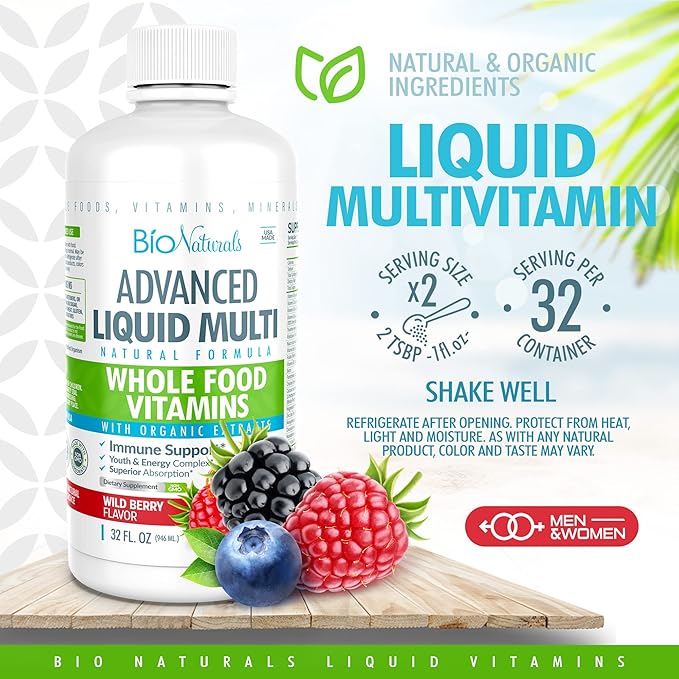 Bio Naturals Liquid Whole Food Multivitamin for Men & Women with Over 100 Ingredients - Superfoods, Omegas, Organic Extracts - 100% Vegan - 32 oz