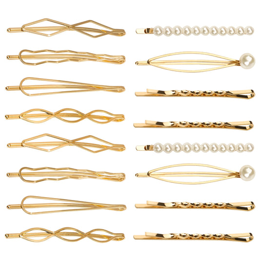 16 Pieces Geometric Metal Hair Pins, Pearls Hair Clips Elegant Hair Barrettes Bridal Gold Metal Bobby Pins Dainty Embellished Bobby Pins for Woman and Girls