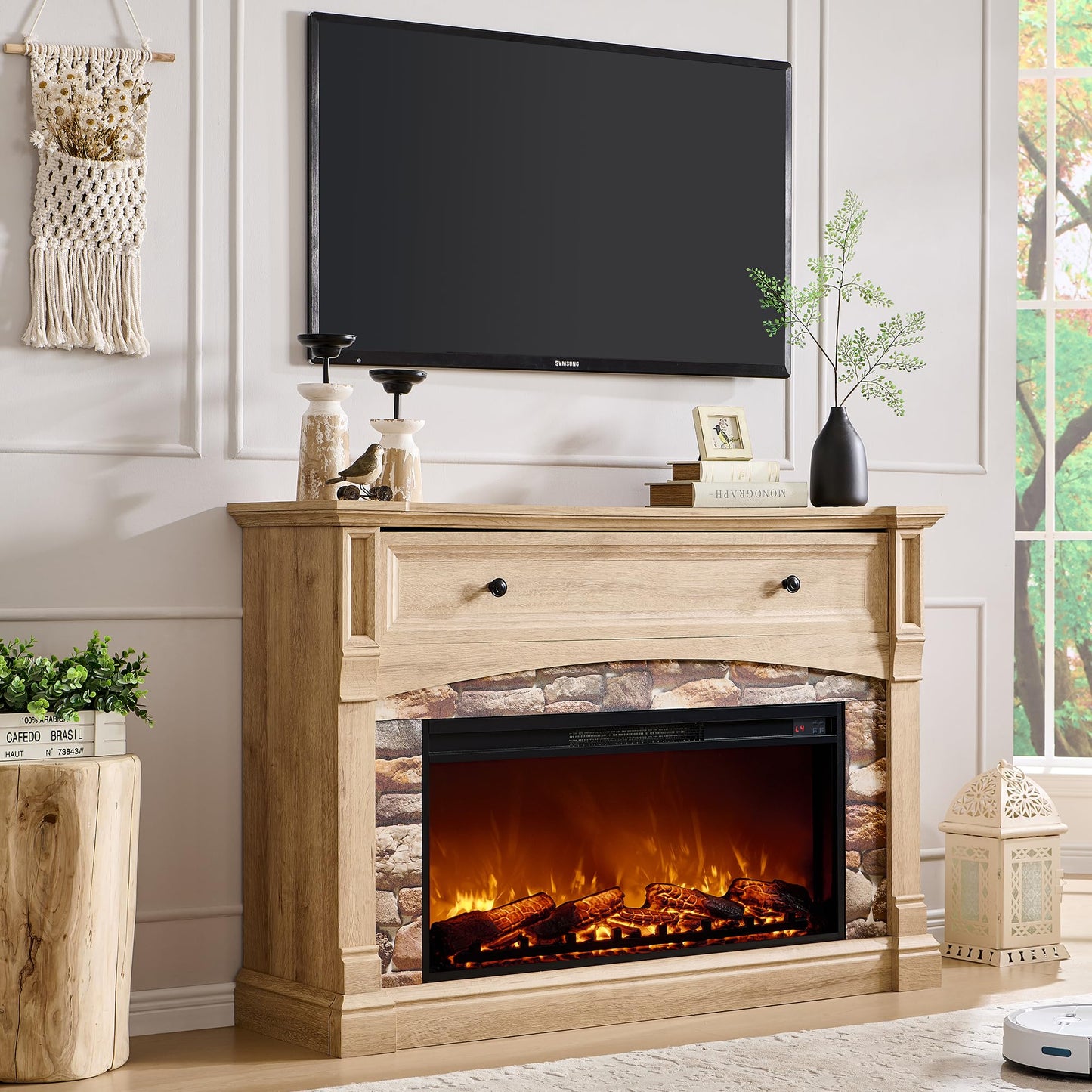 OKD 52" Farmhouse Electric Fireplace with Mantel, Tall Fireplace TV Stand w/Sime-Open Cubby, 36" Freestanding Electric Fireplace Heater,Remote Control, Adjustable 3D Realistic Flame