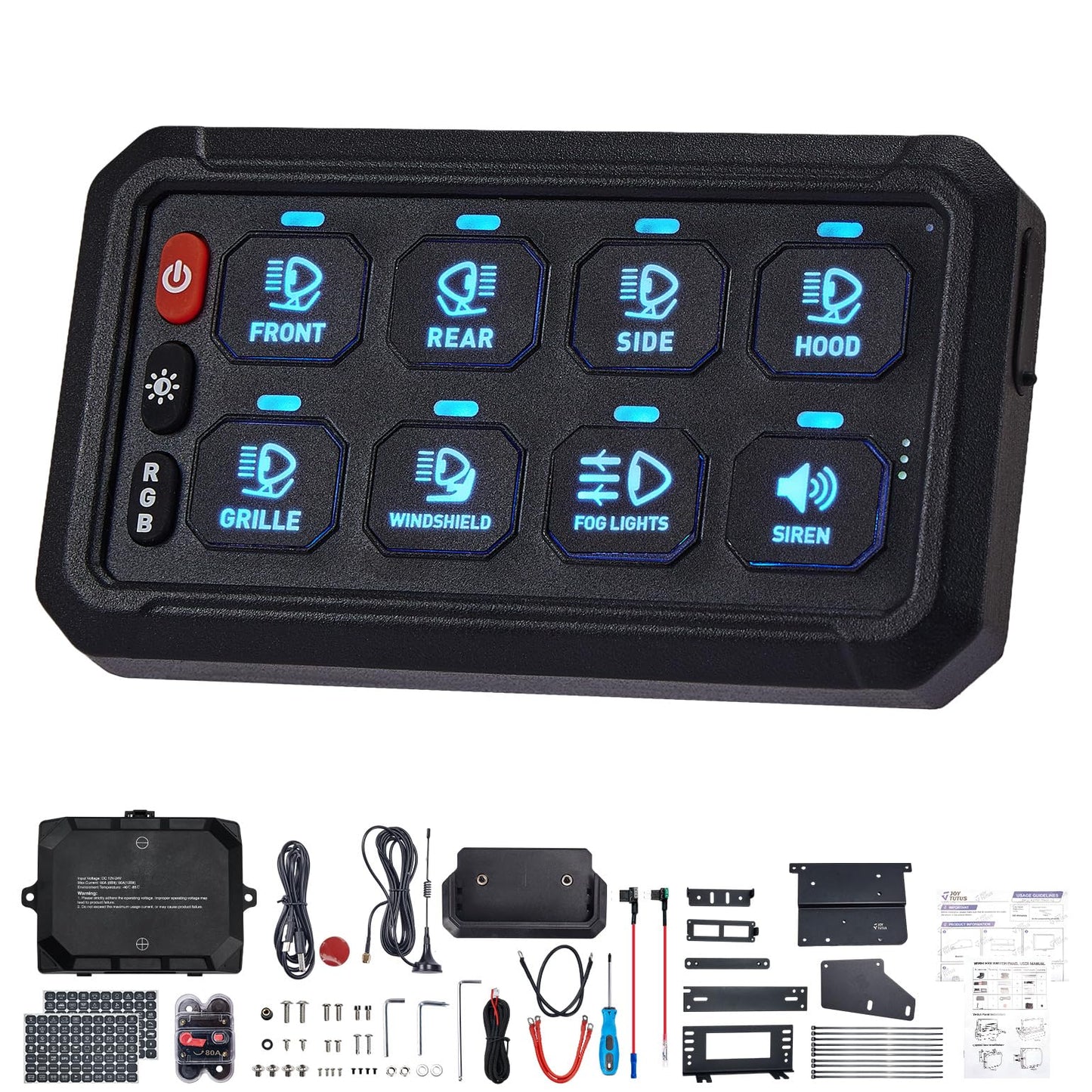 JOYTUTUS Wireless RGB 8 Gang Switch Panel 5-Level Brightness 8 Colors Universal Circuit Control Relay System Box with Toggle Momentary, Offroad Light Switch Panel Pod for Truck Boat UTV SUV Pickup