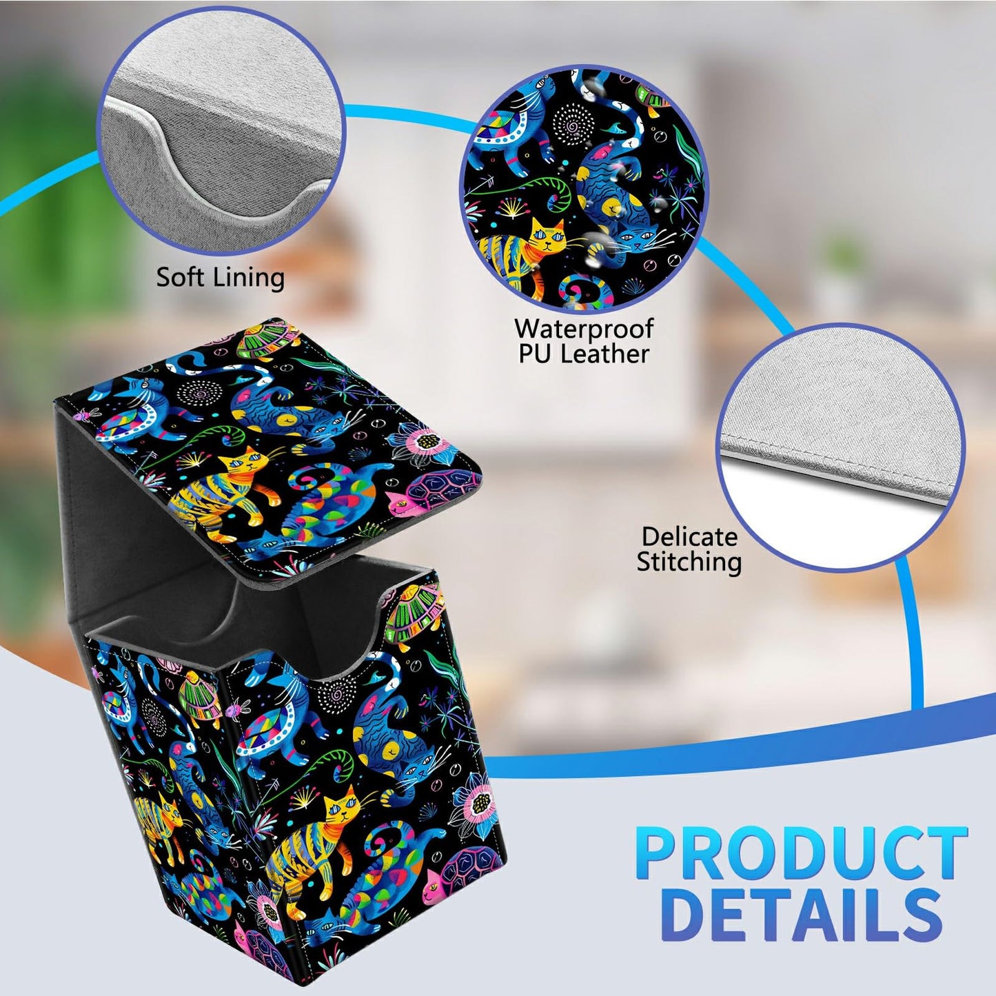 BREIDMKFM Card Deck Box for Trading Cards, MTG Commander Deck Box Fits 100+ Single Sleeved Cards, Leather Magnetic Card Storage Box for YuGiOh TCG CCG Cards, Art Cats