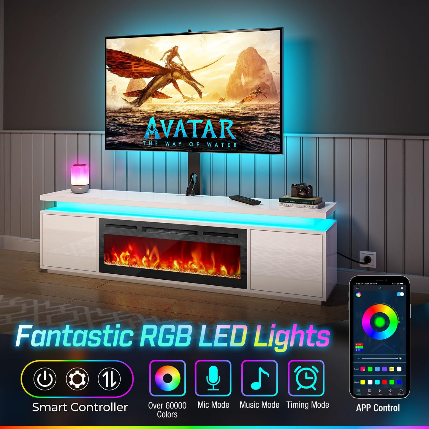 Rolanstar Fireplace TV Stand with Led Lights and Power Outlets, TV Stand Mount with 36" Electric Fireplace, White Entertainment Center for 45/50/55/60/65/70 inch TVs, Modern TV Console for Living Room