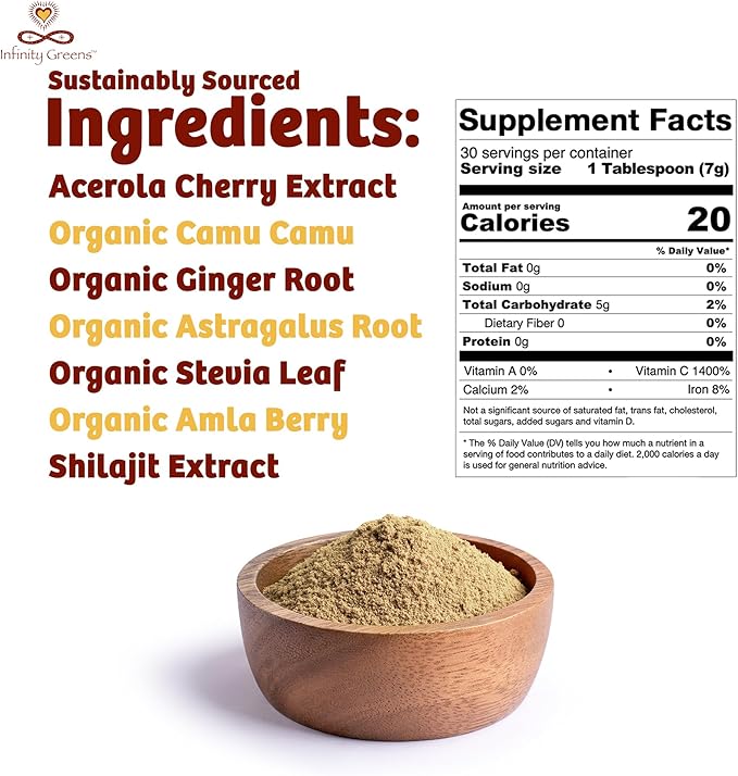 Infinity-C Organic Vitamin C Powder, Bioavailable VIT C from Acerola, Camu Camu & Amla, Whole Food Vitamin C 1000mg, Immune Support Superfoods, Shilajit, Astragalus Root & Ginger (30 Servings)