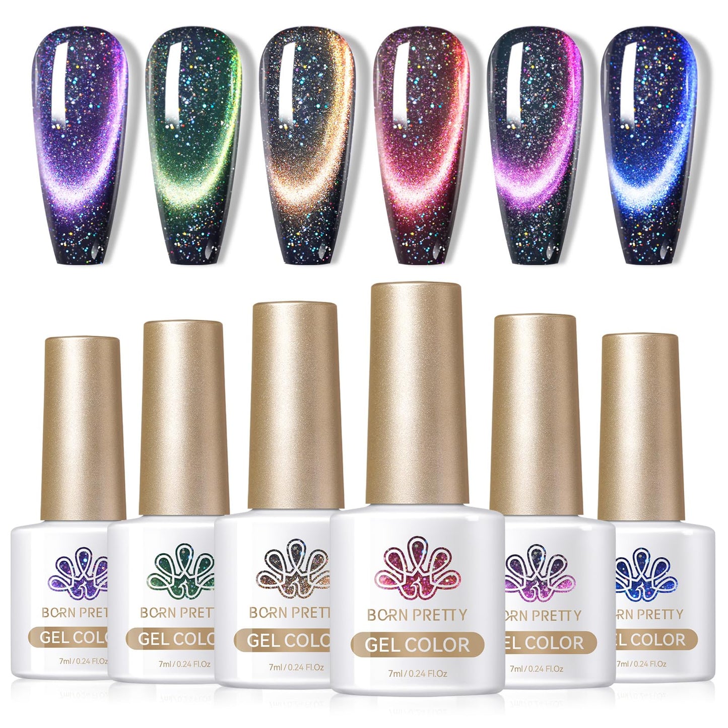 Born Pretty 9D Magnetic Gel Nail Polish Reflective Glitter Gel Polish Holographic Colorful Cat Magnetic Gel Polish Set 7ML 6PCS