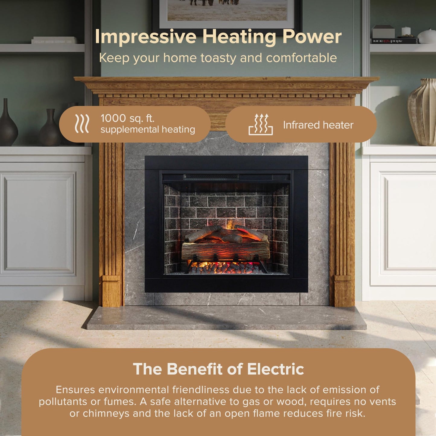 Modern Ember Uptown - Smart Home Electric Fireplace Insert + Trim, 28” Electric Heater Heats up to 1,000 sq. ft., Wall Fireplace Electric with Remote Control for Heat Settings and Flame Colors