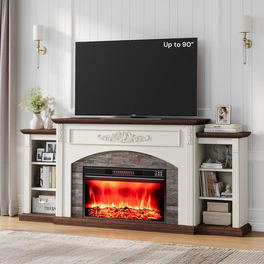 80" Electric Fireplace with Mantel, Fireplace TV Stand for TVs Up to 90",Modern Entertainment Center with Realistic Stacked Stone Surround,Wooden Carved Decorative Mantel, Ideal for Living Room