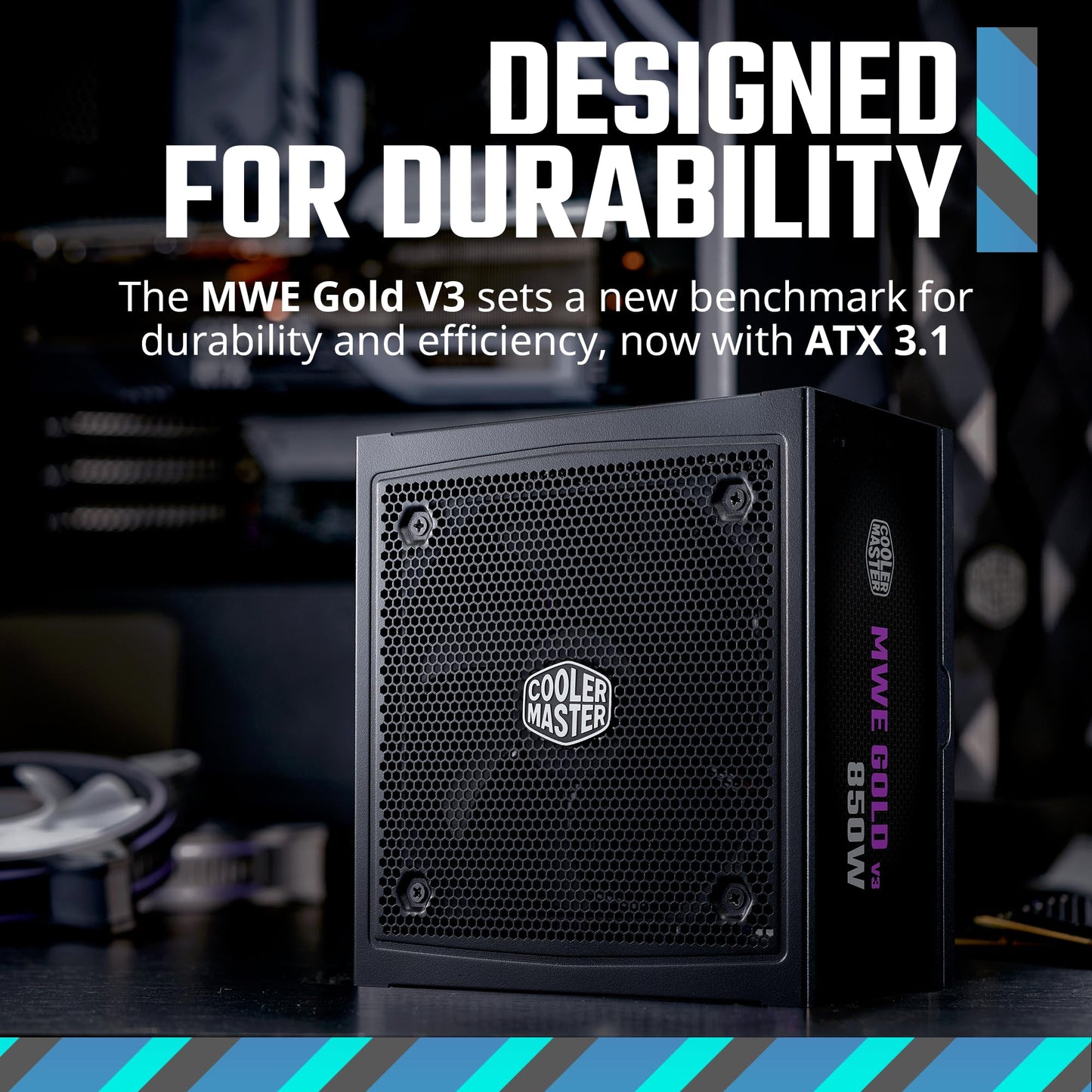 Cooler Master MWE Gold 850 V3 ATX 3.1 Full Modular PSU, 850W, 80+ Gold Efficiency, 90° 12VHPWR|600W PCIe 5.1, GPU Support RTX 4090, Zero-RPM Mode, Hexagonal Fan Cover, 10-Year