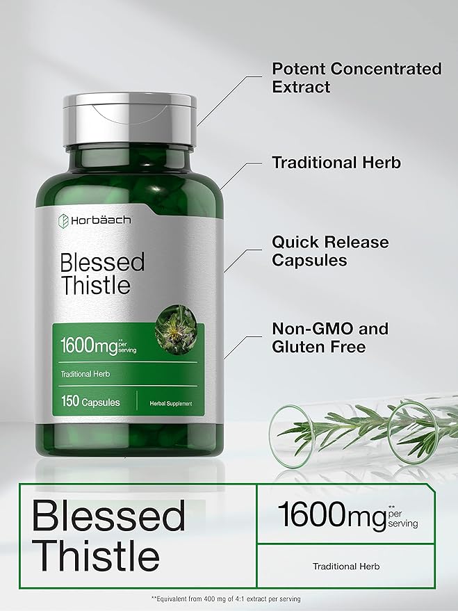 Horbaach Blessed Thistle Capsules 1600 mg | 150 Count | Max Potency | Non-GMO, Gluten Free Herb Supplement