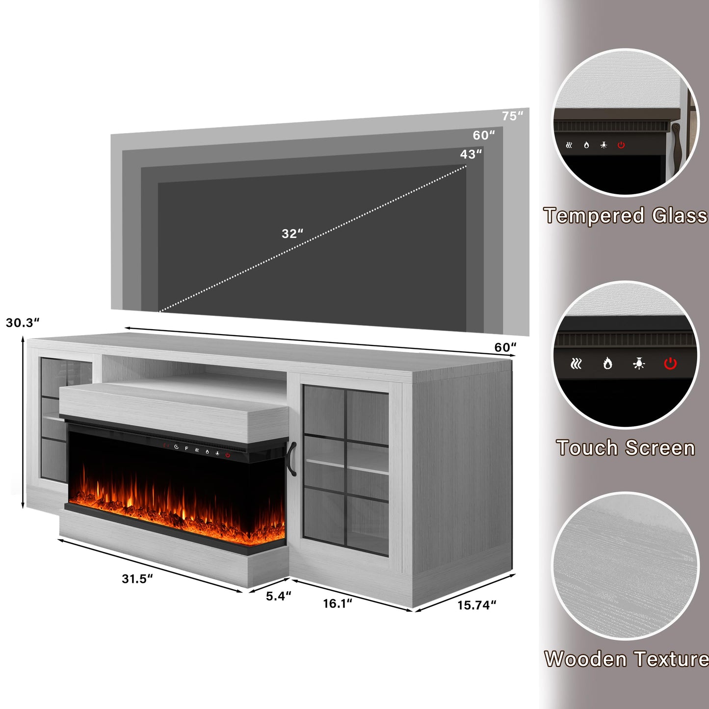 CharaVector 3-Sided Farmhouse Electric Fireplace TV Stand for TVs up to 75'', Entertainment Center with Glass Door Storage Cabinet, 60'' Large TV Stands with 30''Fireplace, White