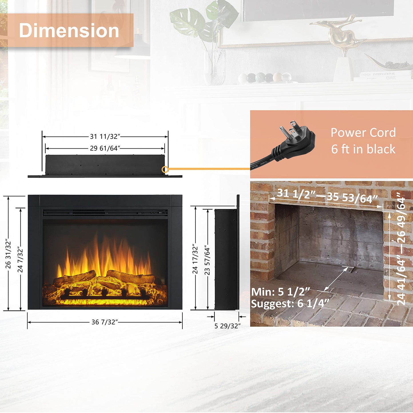 LegendFlame Jaden 36" W x 26" H (EF443) Electric Fireplace Insert with Front Trim Kit, Fire Crackling Sound, 750W/1500W Heater, Remote Control