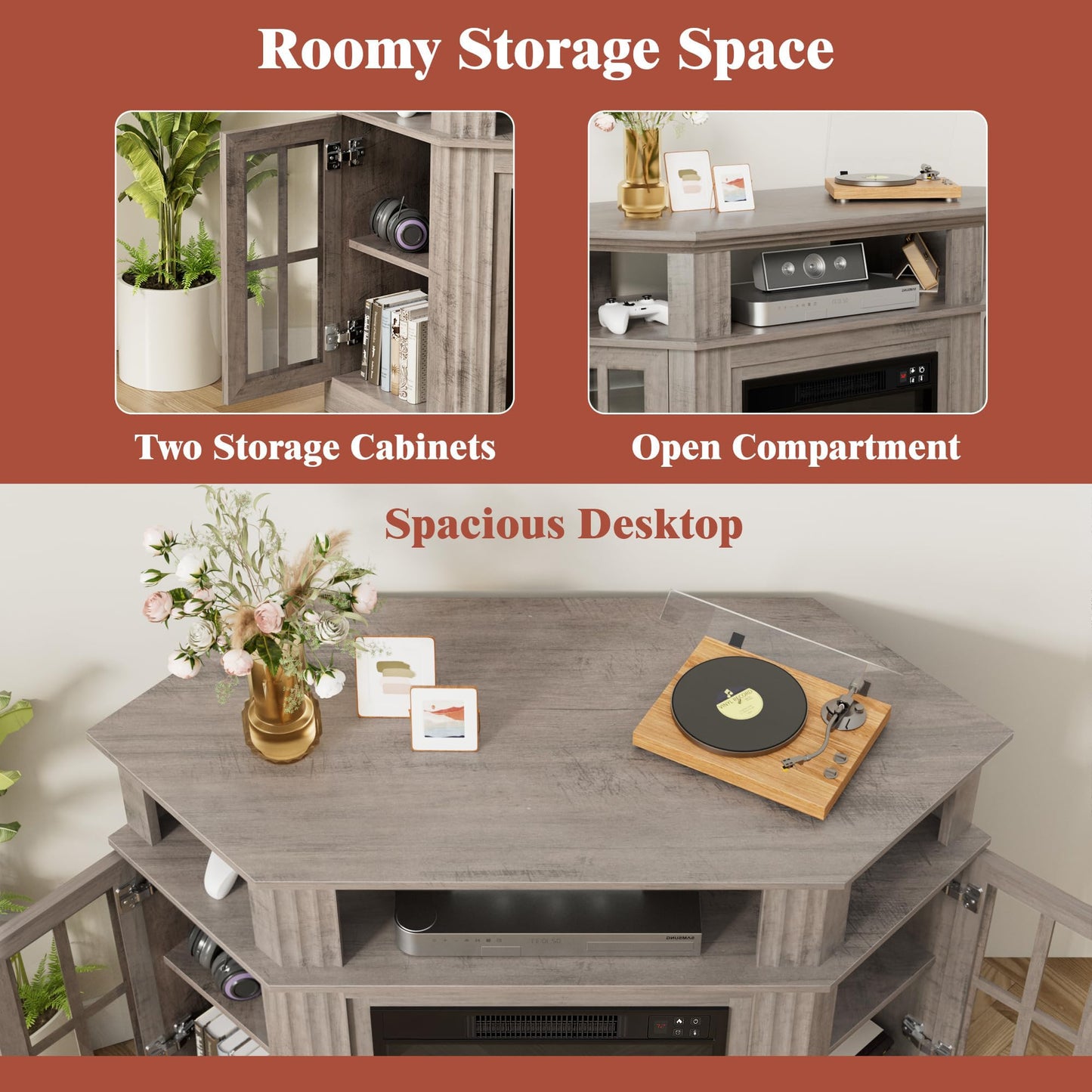 Furmax Fireplace Corner TV Stand for TV Up to 55 Inch, Modern TV Console with 18 Inch Electric Fireplace, Entertainment Center with Open Shelf and Storage Cabinets for Living Room, Rustic Oak