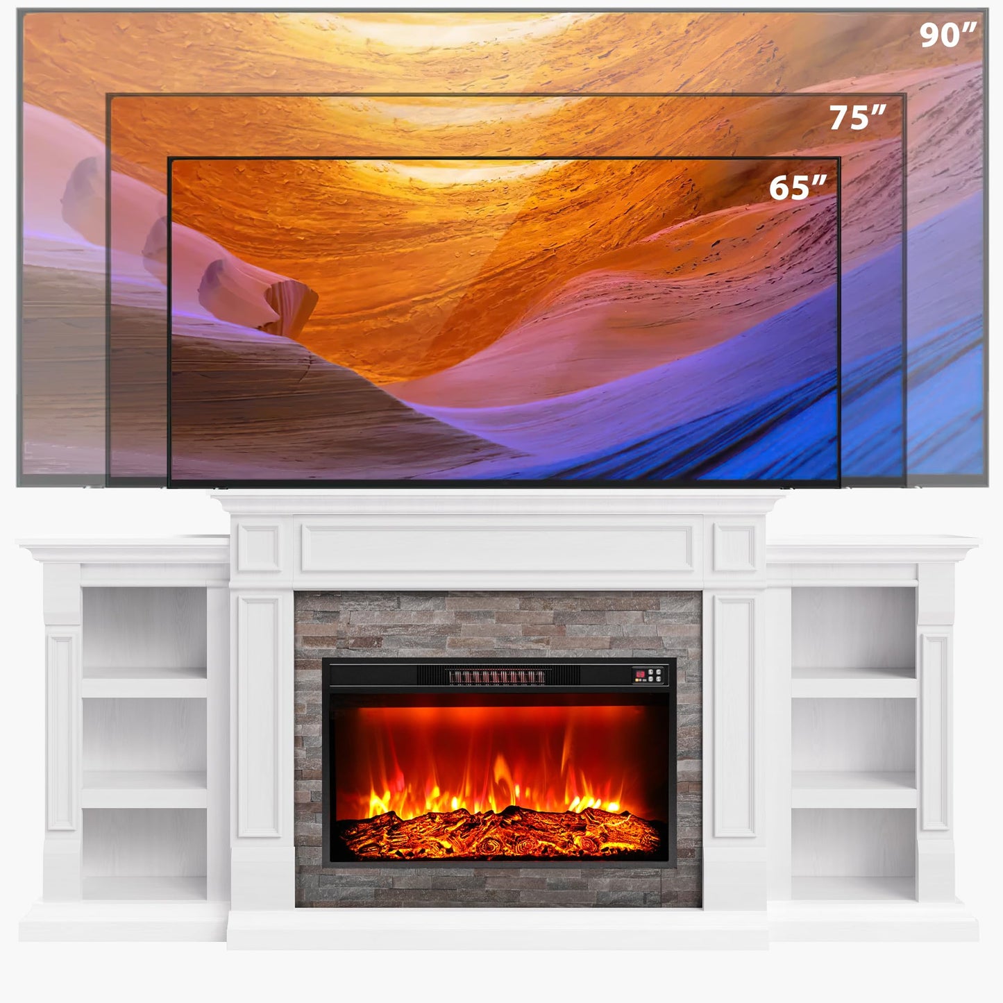 80" Electric Fireplace with Mantel, Fireplace TV Stand for TVs Up to 90 Inch, Modern Entertainment Center with Storage, Realistic Stacked Stone Surround with Remote Control for Living Room, Bedroom