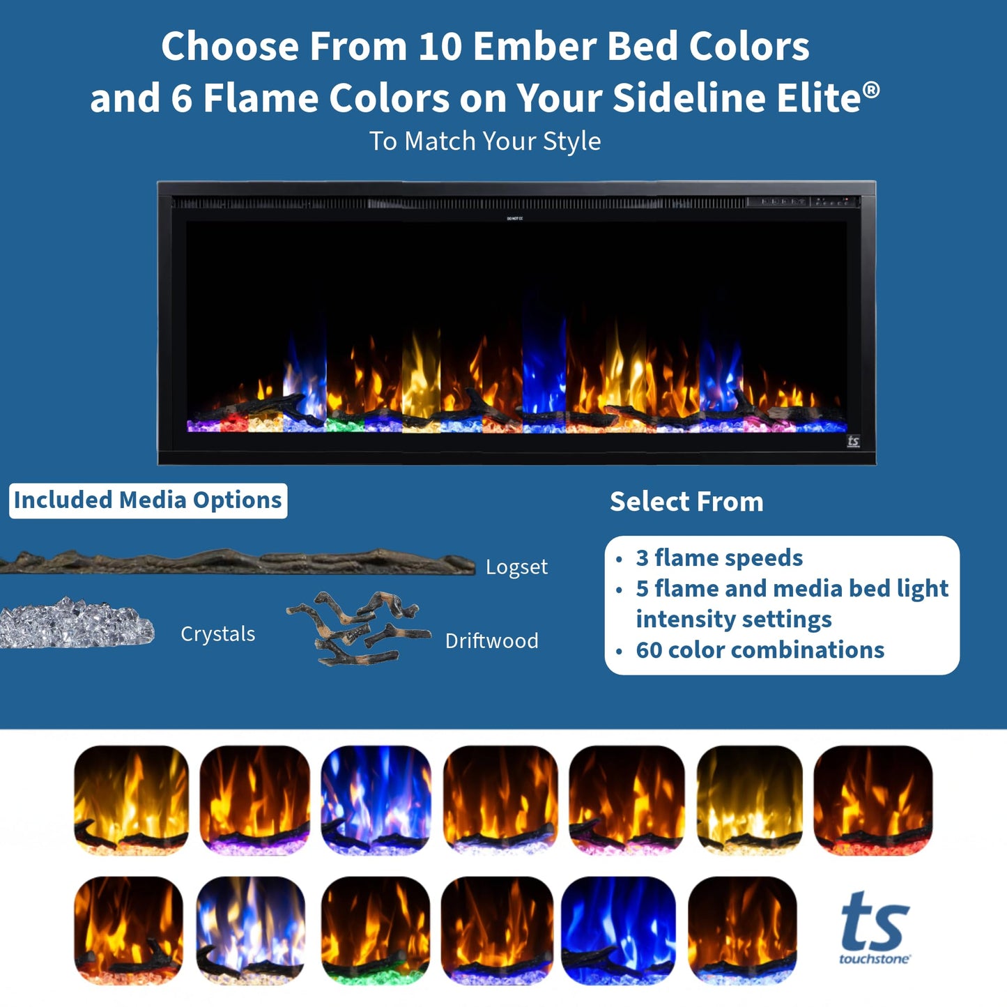 Touchstone Sideline Elite Smart 60” WiFi-Enabled Electric Fireplace - in-Wall Recessed - 60 Color Combinations - 1,500W Heater - Black - Log, Crystals & Driftwood - 80037